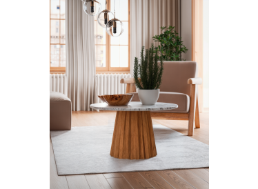 Stolik Torino,okrągły,biały marmur Ø70cm,drewno jasny dąb