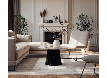 Stolik Torino,okrągły, biały marmur Ø70cm,drewno czarne