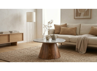 Marmoholz Bari – Stolik Kawowy | Szary Marmur & Brązowy Mango | Ø70 cm