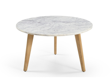 Stolik Modena,okrągły, biały marmur Ø70cm, drewno jasny dąb
