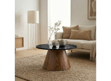 Marmoholz Bari – Stolik Kawowy | Czarny Marmur & Brązowy Mango | Ø70 cm