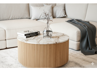 Stolik Treviso,okrągły, biały marmur Ø70cm,drewno jasny dąb