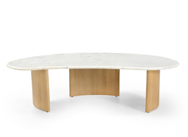 Stolik Lecce, owalny, biały marmur 130cmx60cm, drewno jasny dąb 