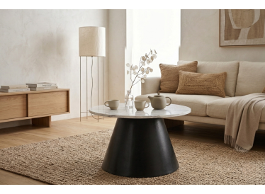 Marmoholz Bari – Stolik Kawowy | Biały Marmur & Czarny Mango | Ø70 cm