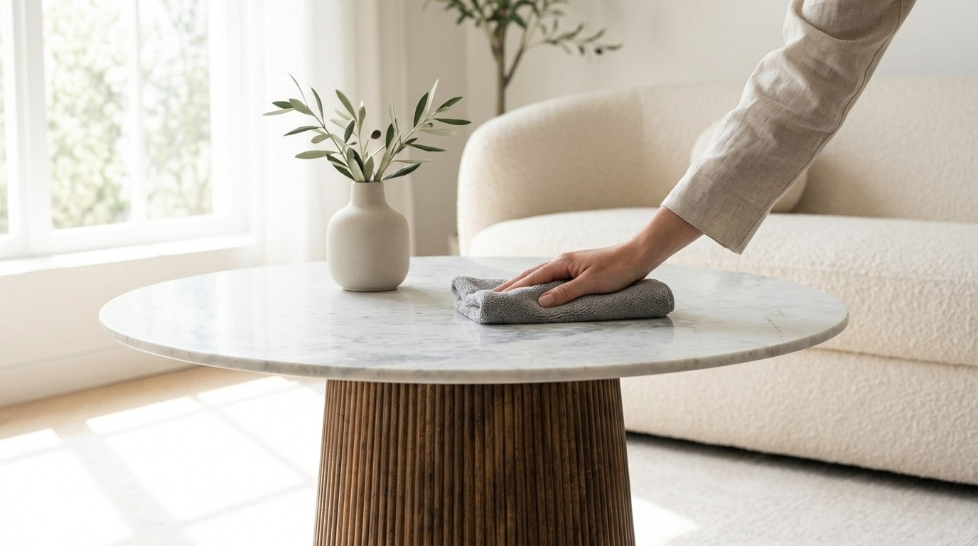 Ryflowany stół z białym marmurem Marmoholz